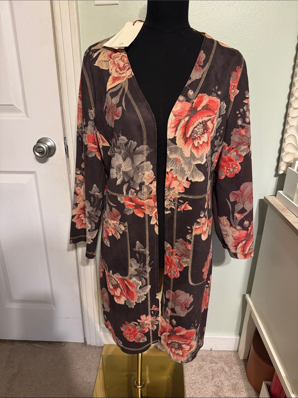 Solitaire Brown Floral Open-Front Long Cardigan with Coral Blooms